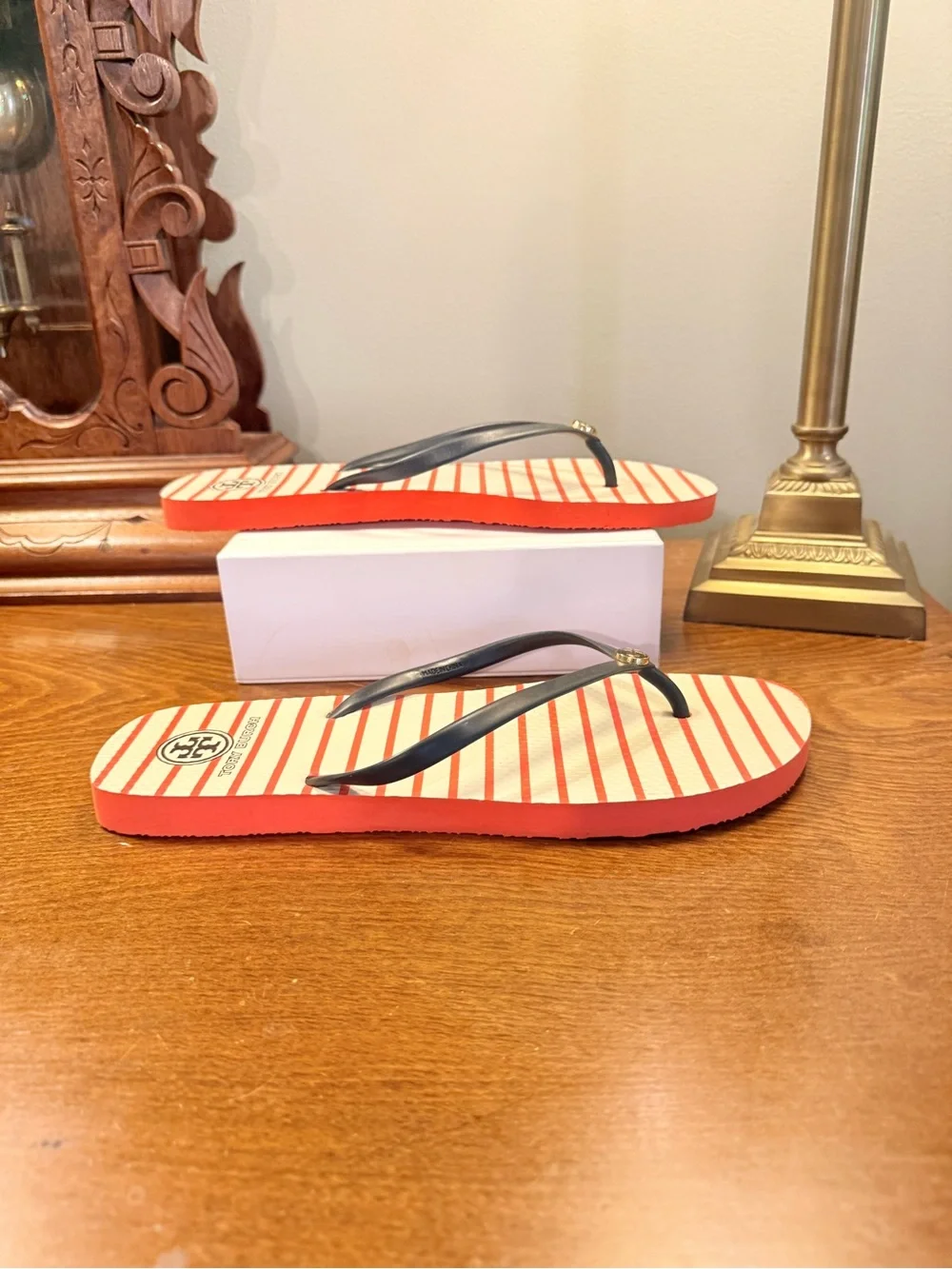 Tory Burch Cream Orange Striped Flip Flop Sandals with Navy Straps Size 11